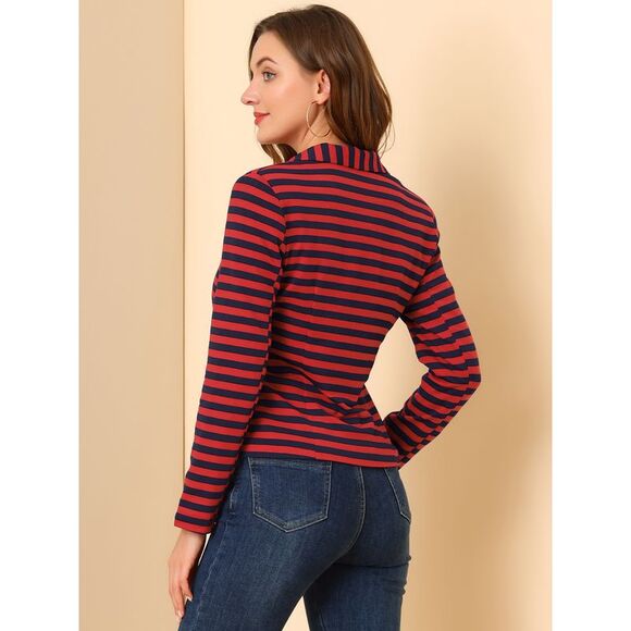 Notched Lapel Pocket Button Closure Striped Blazer Red Blue - Picture 5 of 6